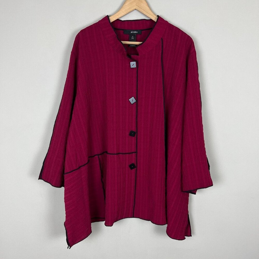 Ali Miles Jacket Womens Plus 3X Maroon Black Button Up Lagenlook Textured‎ Artsy